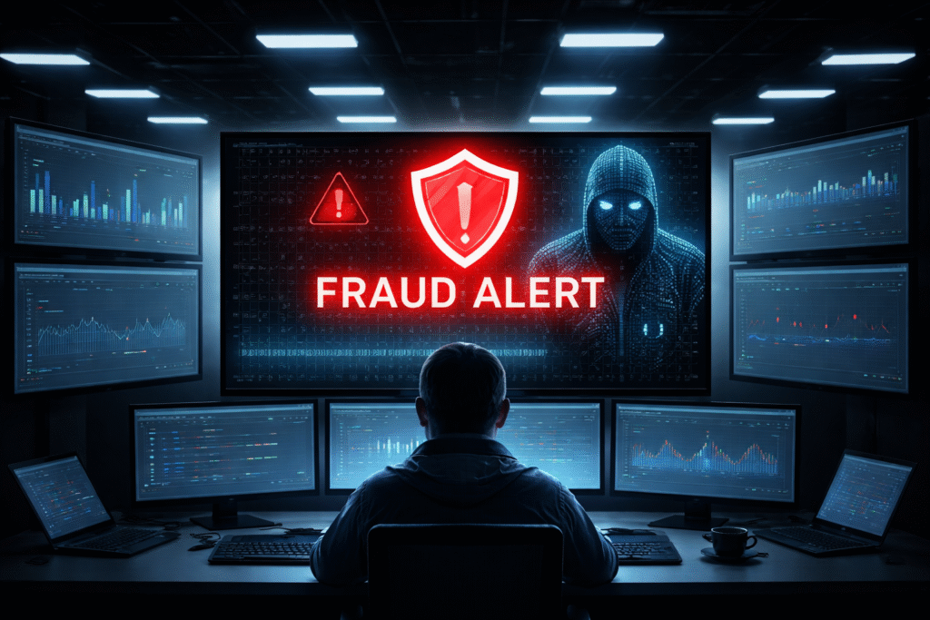 ai-fraud-detection-system-scale-problem.jpg AI fraud detection system monitoring suspicious activity on a central screen