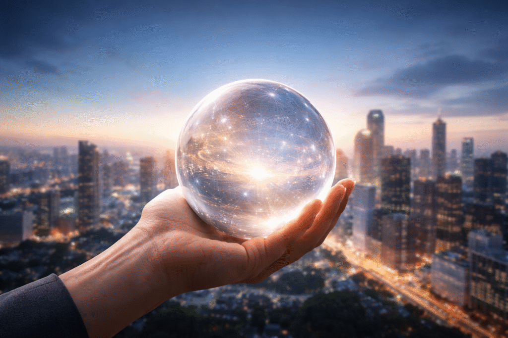 ai-future-prediction-crystal-ball-city-minimal.jpg A human hand holding a crystal ball representing the future of AI with a modern city skyline in the background