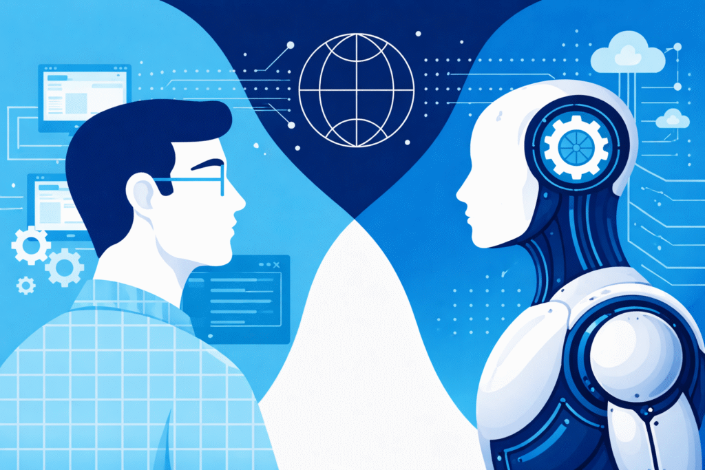 ai-infrastructure-vs-traditional-software.jpg A traditional software developer facing an AI robot, representing the shift from traditional software to AI infrastructure