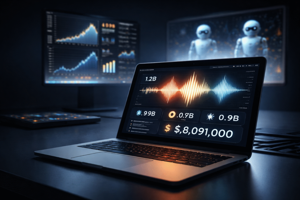 AI-generated music streaming fraud showing automated bot plays and manipulated audio data on a laptop