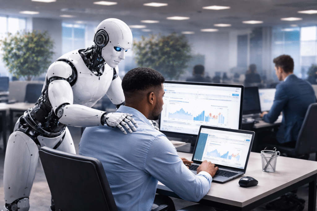 jobs-most-exposed-to-ai-task-level-workflow.jpg AI assisting a human worker with tasks in a modern office, showing how jobs most exposed to AI involve task-level work