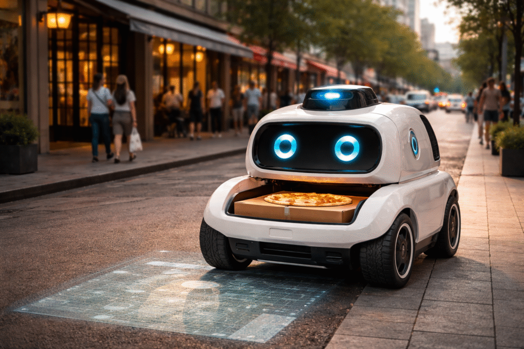 AI delivery robot navigating a city street using visual data instead of GPS