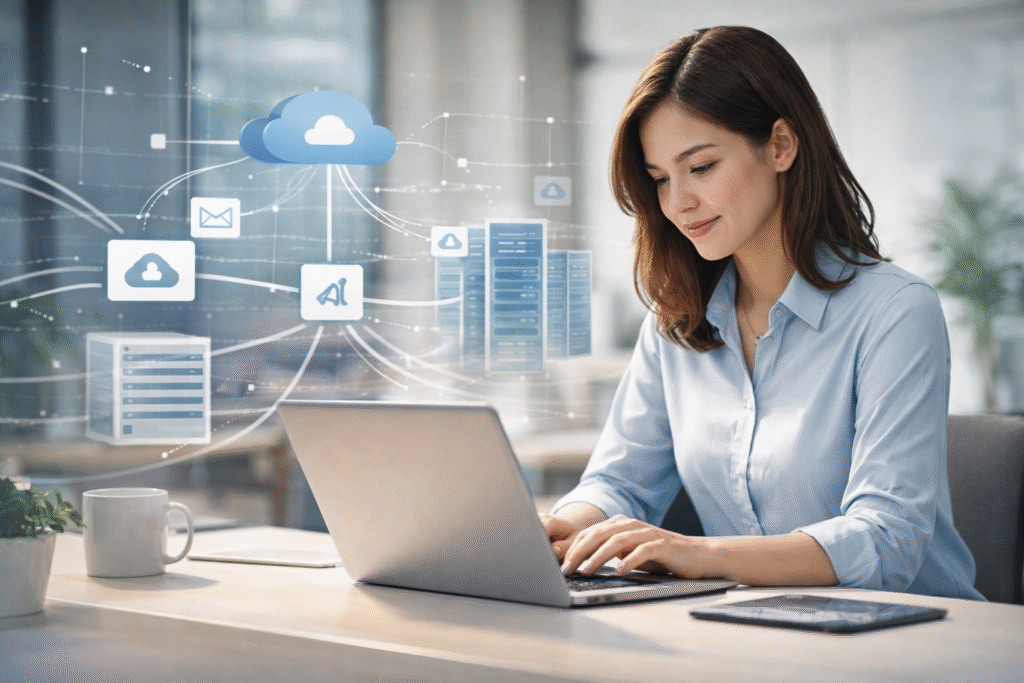 what-is-ai-infrastructure-human-laptop-system.jpg A woman using a laptop with a subtle AI system network in the background representing AI infrastructure