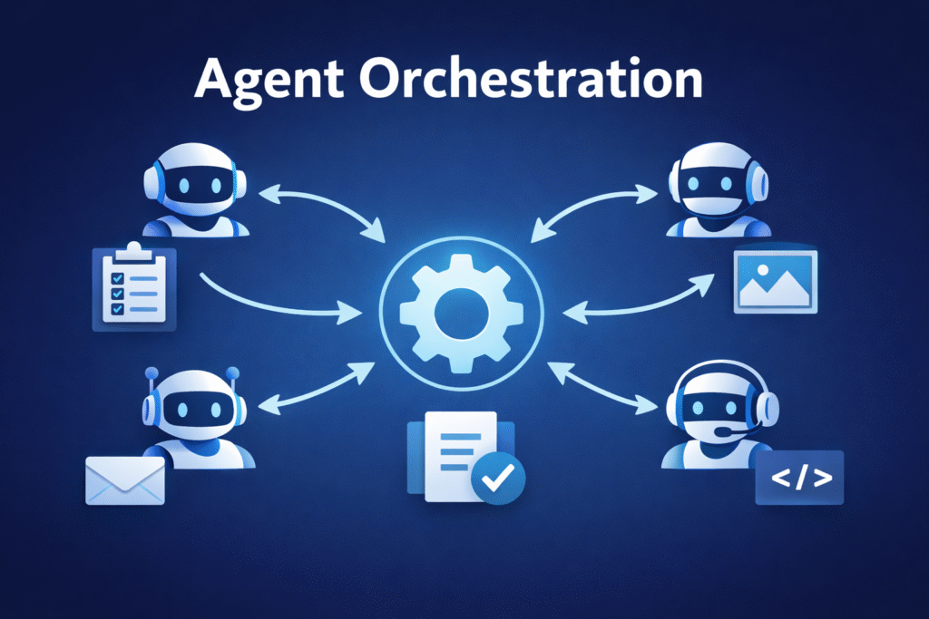 Agent orchestration system showing a central controller coordinating multiple AI agents in a structured execution loop with task routing and validation