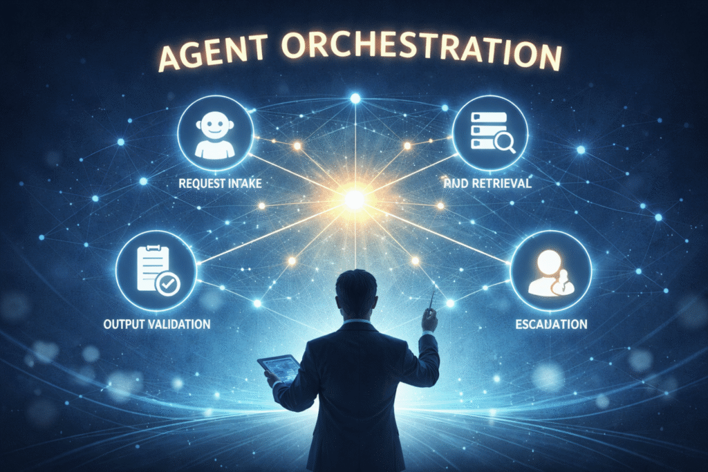 AI agent orchestration system showing a central controller coordinating multiple specialised agents such as request intake, data retrieval, validation, and escalation