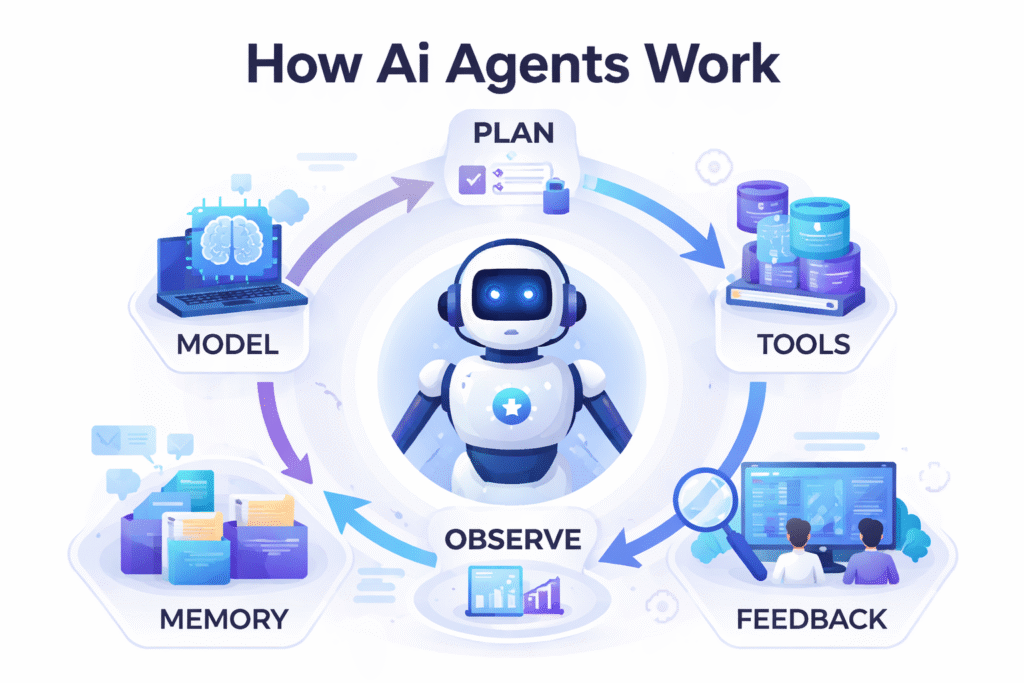 AI agent system showing planning, action, observation, and memory within a structured workflow