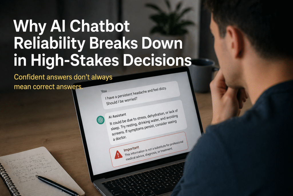 AI chatbot reliability in high-stakes decisions showing risks of unverified medical advice on a laptop screen
