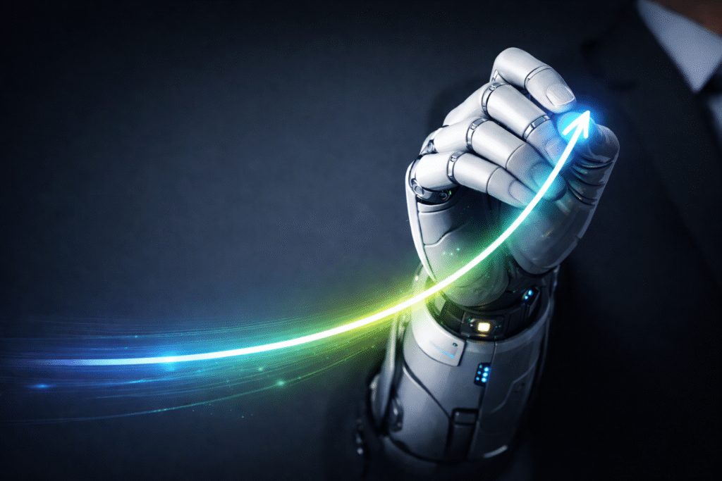 AI robotic hand drawing a line transitioning from thick to thin, representing the shift from large-scale AI models to efficient optimisation