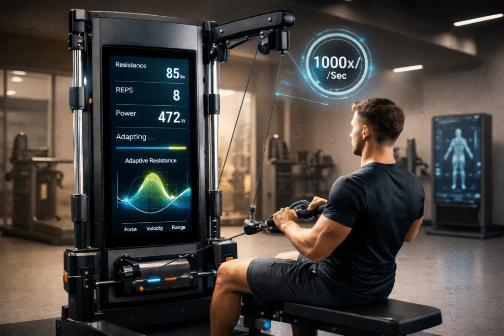 ai-fitness-machine-adaptive-resistance-gym.png AI fitness machine adjusting resistance in real time during strength training in a modern gym