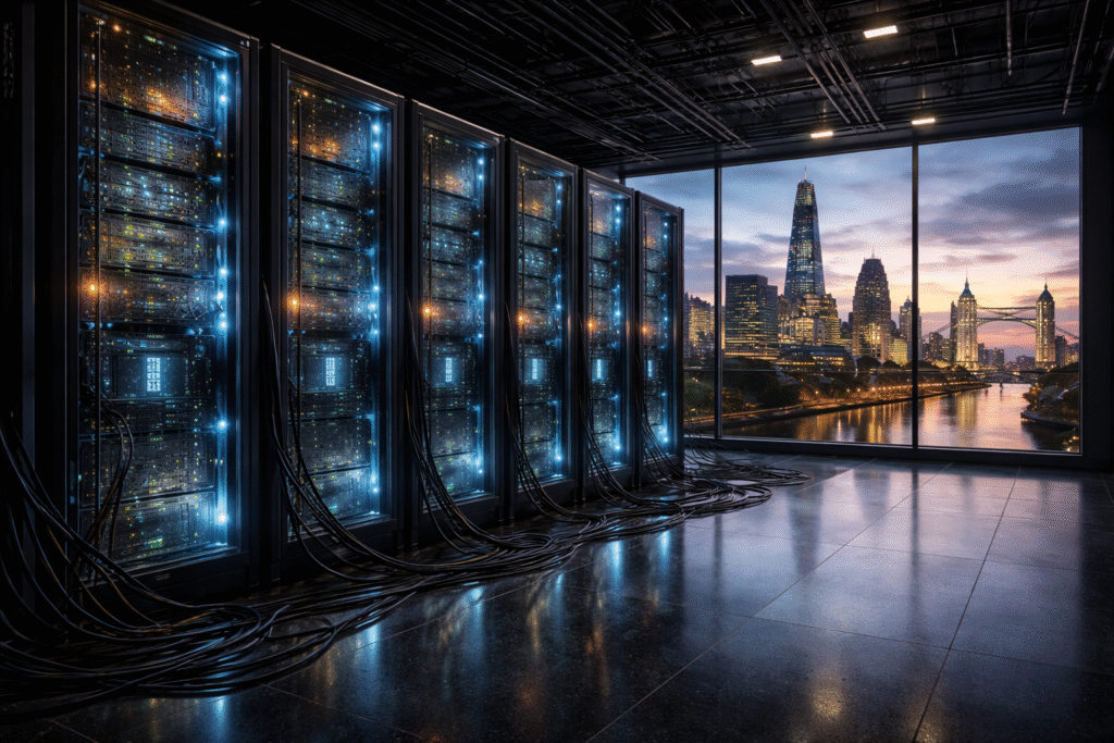 ai-infrastructure-london-data-centre.jpg Modern data centre server racks with London skyline in the background representing AI infrastructure and compute capacity