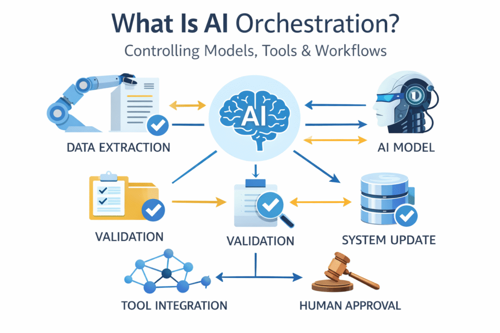 AI orchestration diagram showing how models, tools, validation, and workflows are coordinated to execute multi-step tasks