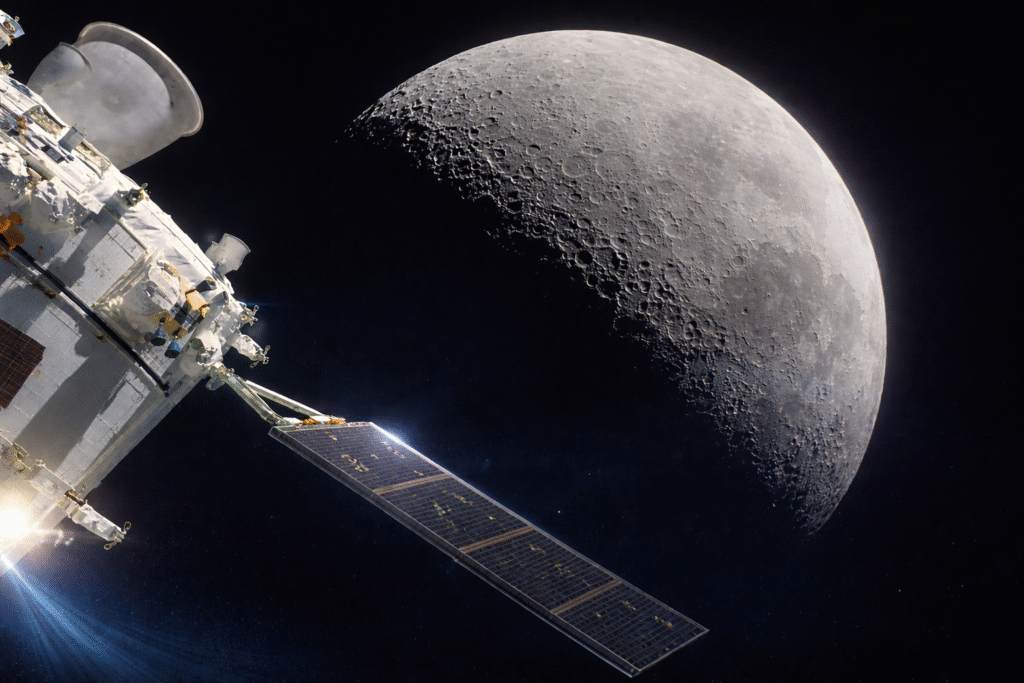 Artemis II mission spacecraft operating near the Moon