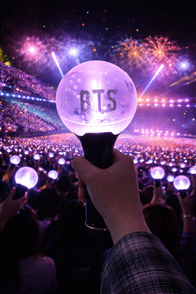 Hand holding a glowing light stick above a concert crowd with synchronised lights across the stadium