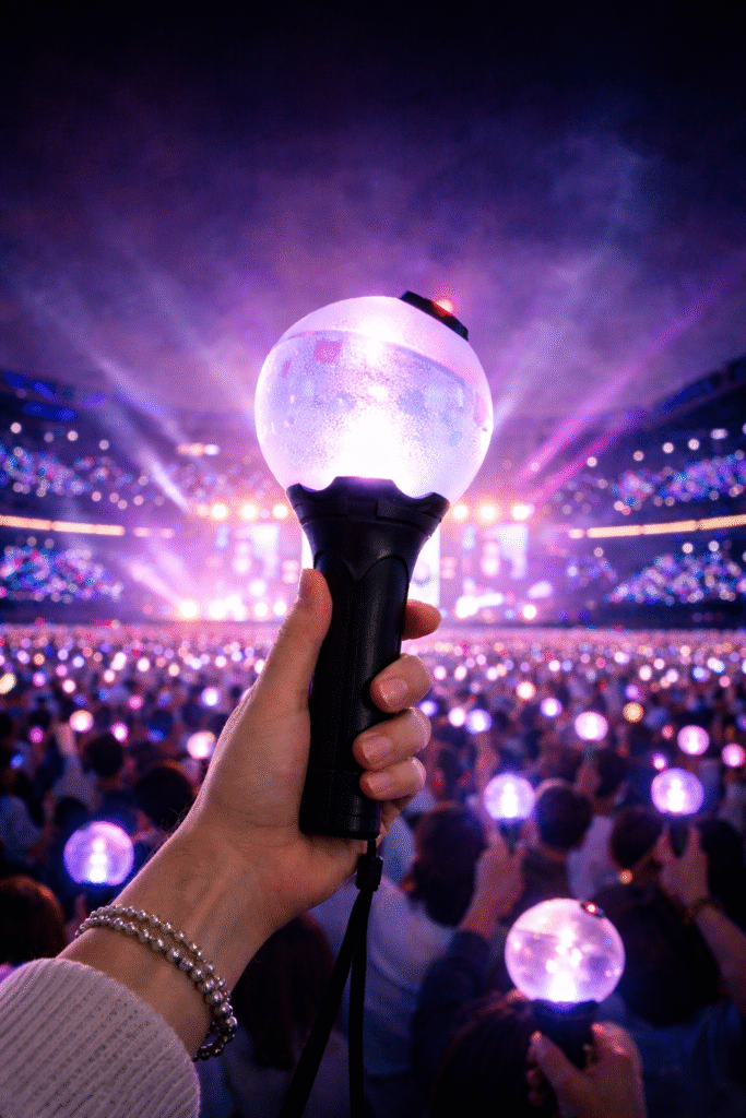 Female hand holding a glowing concert light stick above a crowd with synchronised lights across a stadium
