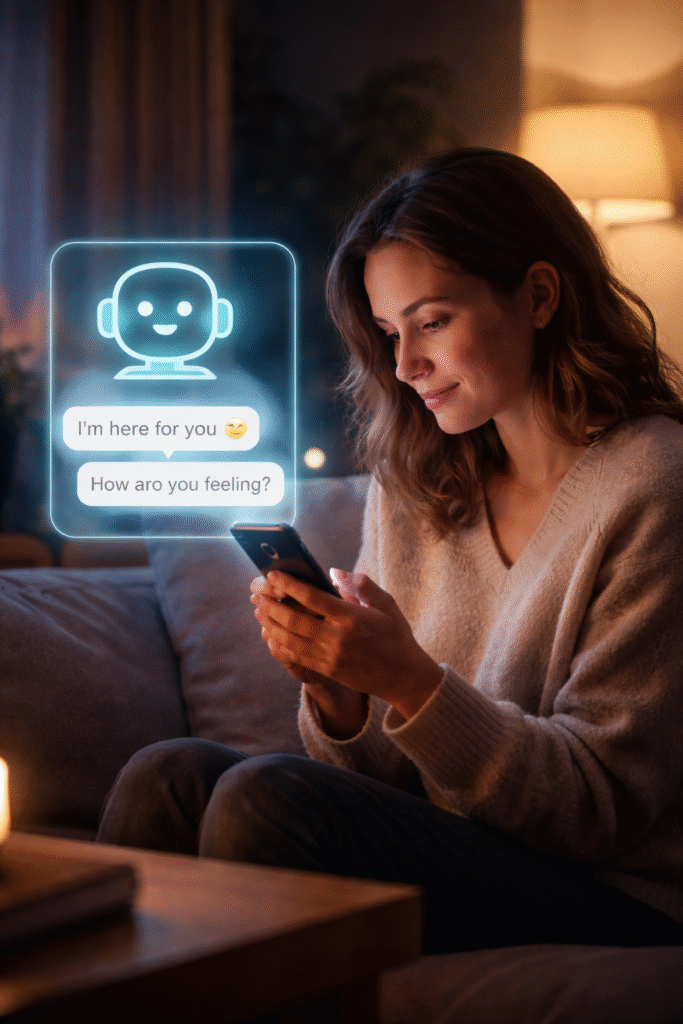 person forming emotional connection with AI chatbot through smartphone interaction in a quiet indoor setting