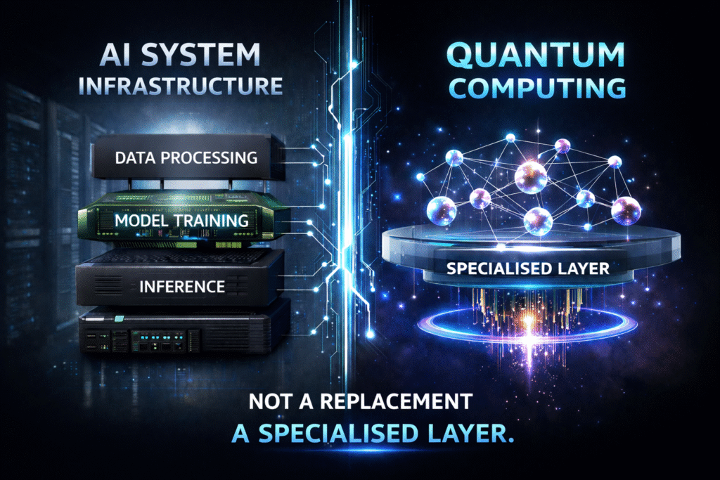 Quantum computing AI shown as a specialised layer within AI infrastructure