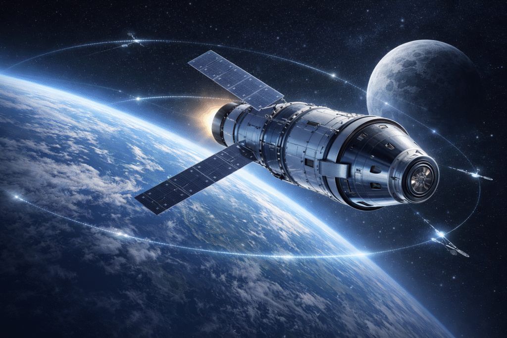 system of systems spacecraft coordination with Earth and Moon showing interconnected modules and communication links
