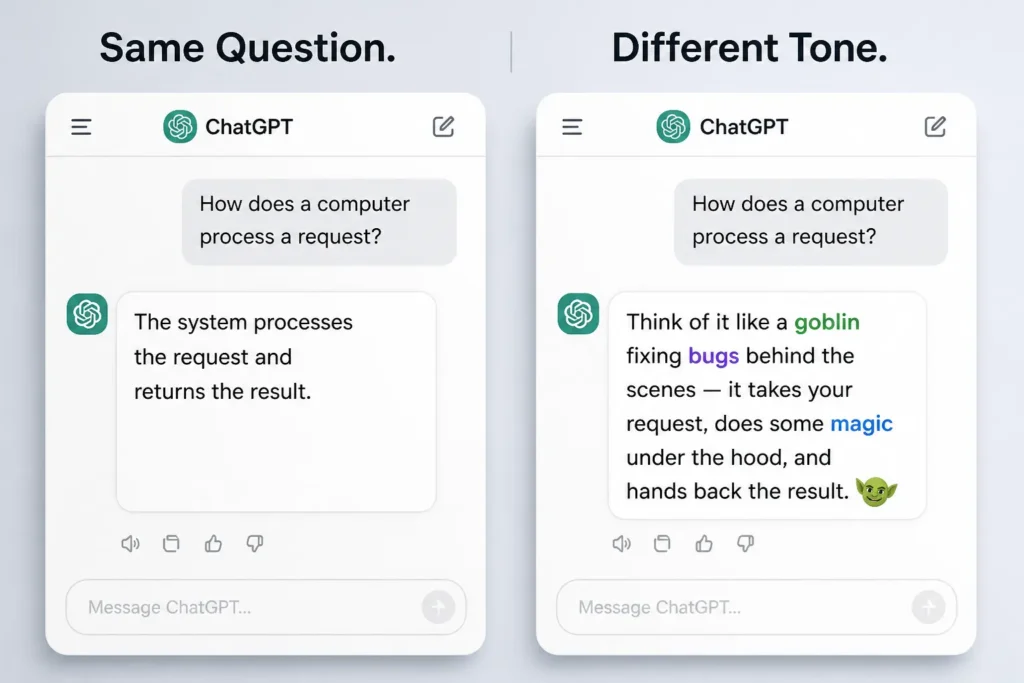 AI chatbot responses showing neutral vs nerdy personality tone