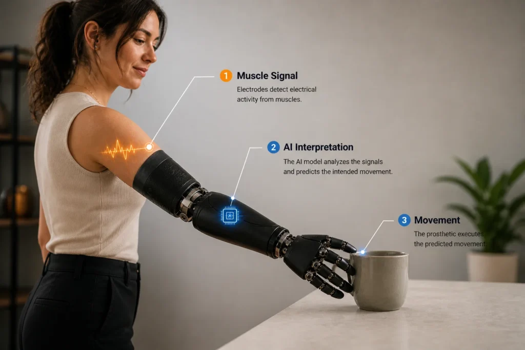 AI prosthetic arm interpreting muscle signals to produce movement