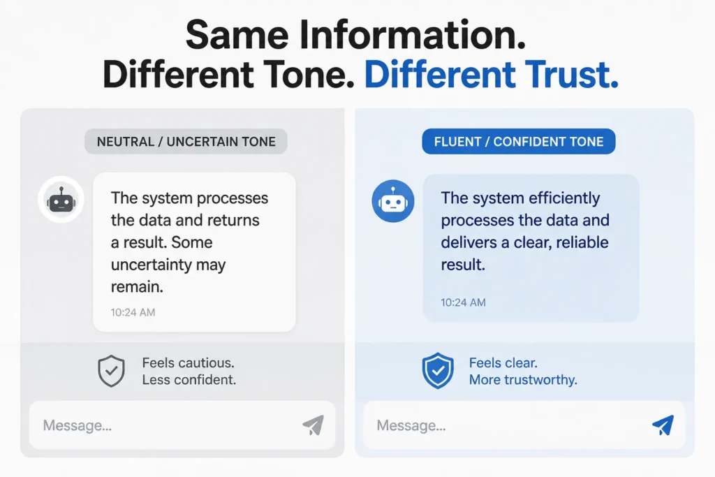 AI responses showing neutral vs fluent tone affecting perceived trust