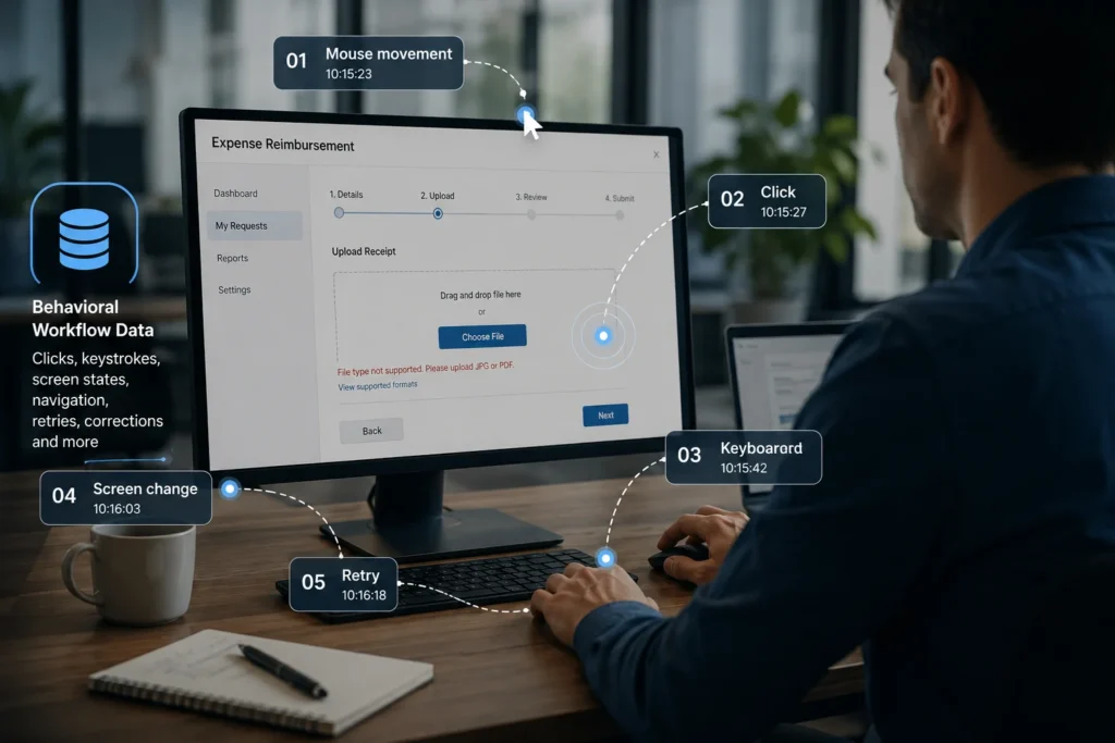 why-ai-needs-human-behaviour-data.webp AI human behaviour data showing workflow tracking and task execution